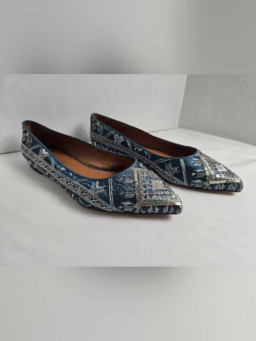 Sundance Calli Embroidered Pointed Toe Flats Blue Gold Tapestry Spain Size 40